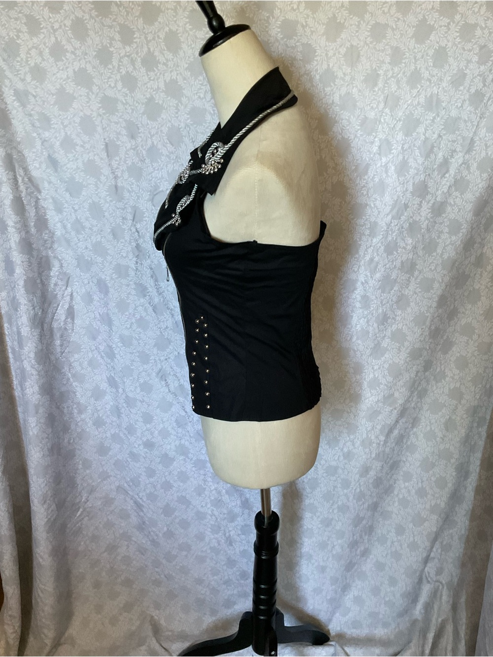 Black Studded Halter Zip Corset Top with Silver Embroidery - Picture 3 of 8